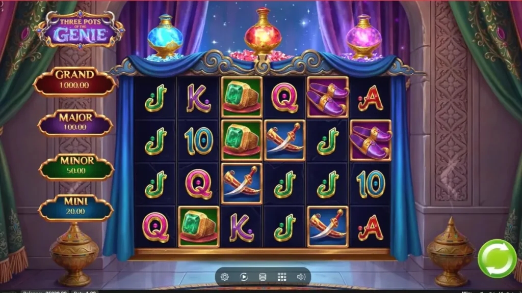 Tampilan visual slot Three Pots of the Genie dengan latar belakang Arabian Nights